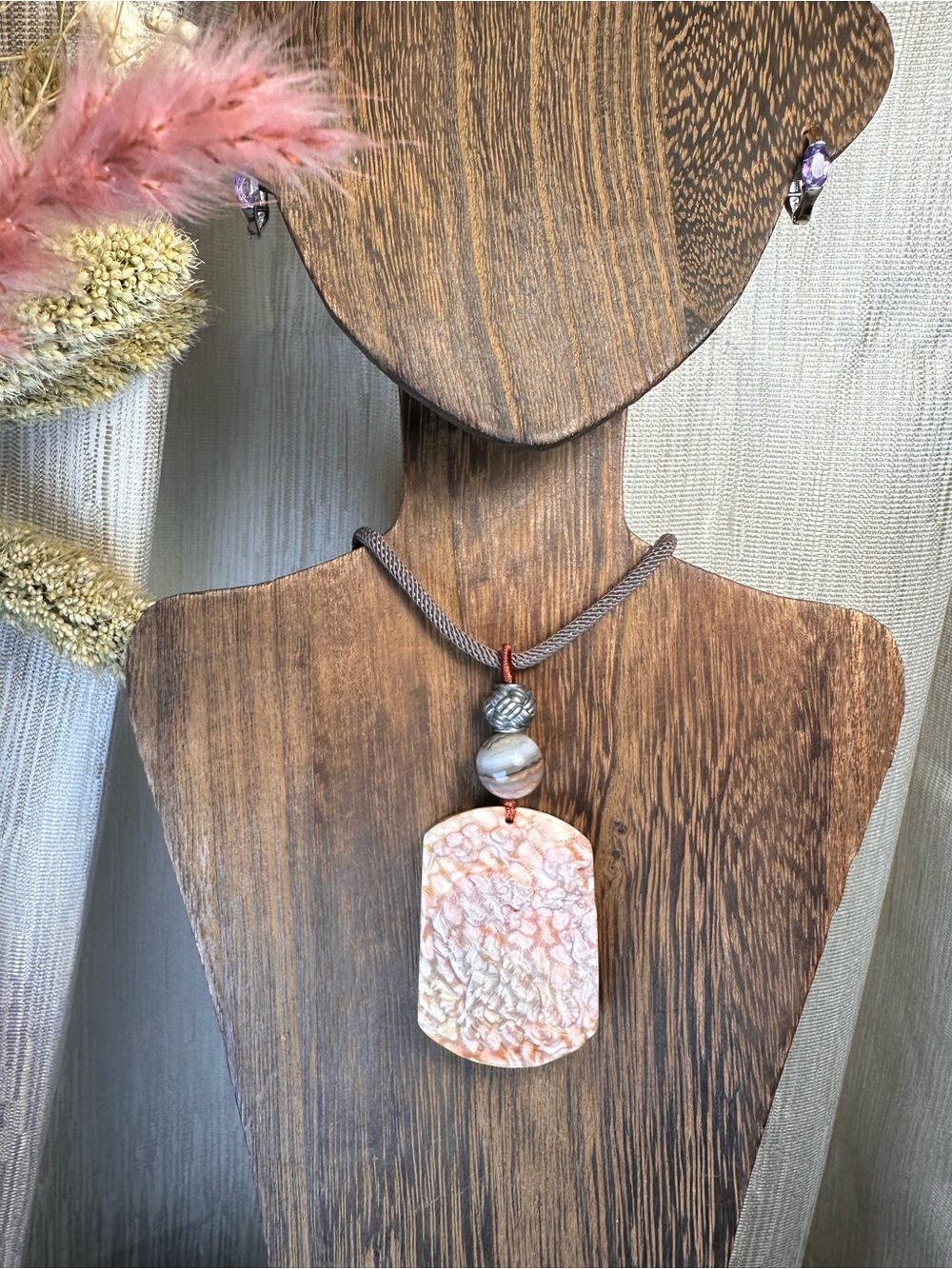 Coral Fossil Tiger Pendant Necklace on Light Brown Adjustable Rope - Picture 11 of 16